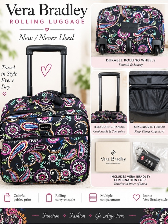 Vera Bradley Handbags - Vera Bradley Black Paisley Rolling Carry-On with Pink & Teal Accents